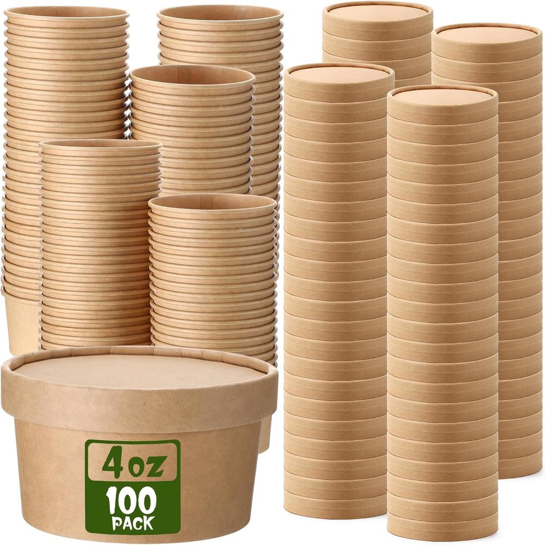 Fulmoon 100 Pack Paper Soup Containers with Lids Disposable Paper Food Containers with Vented Lid Kraft Ice Cream Cake Dessert Cups Soup Bowl for Party Hot Food Fruit Microwave(4 oz,Brown)