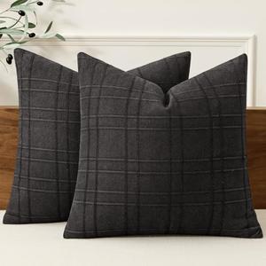 MIULEE Decorative Linen Check Euro Shams Throw Pillow Covers Neutral Farmhouse Vintage Pillow Covers 24x24 Set of 2 Boho Modern Home Decor for Sofa Couch Bedroom Cushion Black
