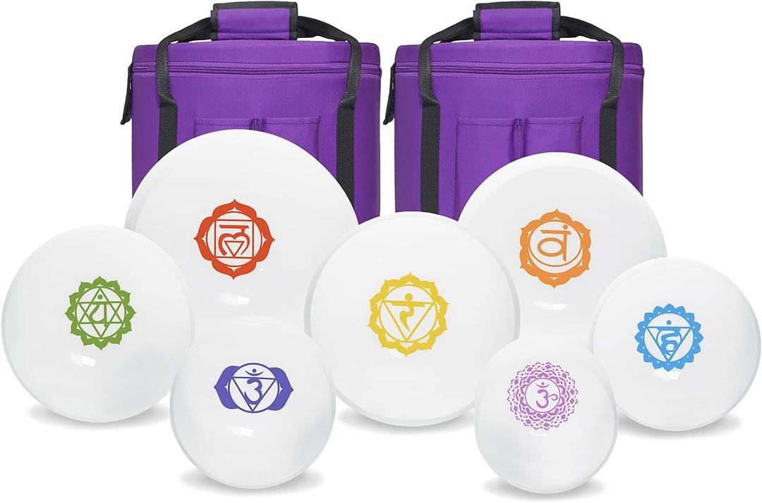 440HZ 6"-12" Set of 7 Paternoster Frosted Quartz Crystal Singing Bowl Set for Chakra Healing with 2 pcs Carrying Case