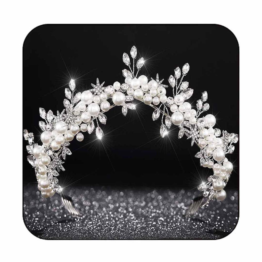 CLOACE Crystal Crown and Tiara Silver Beaded Crowns Headpiece Bride Wedding Headwear Hair Accessories for Women and Girls CLOACE Crystal Crown and Tiara Silver Beaded Crowns Headpiece Bride Wedding Headwear Hair Accessories for Women and Girls