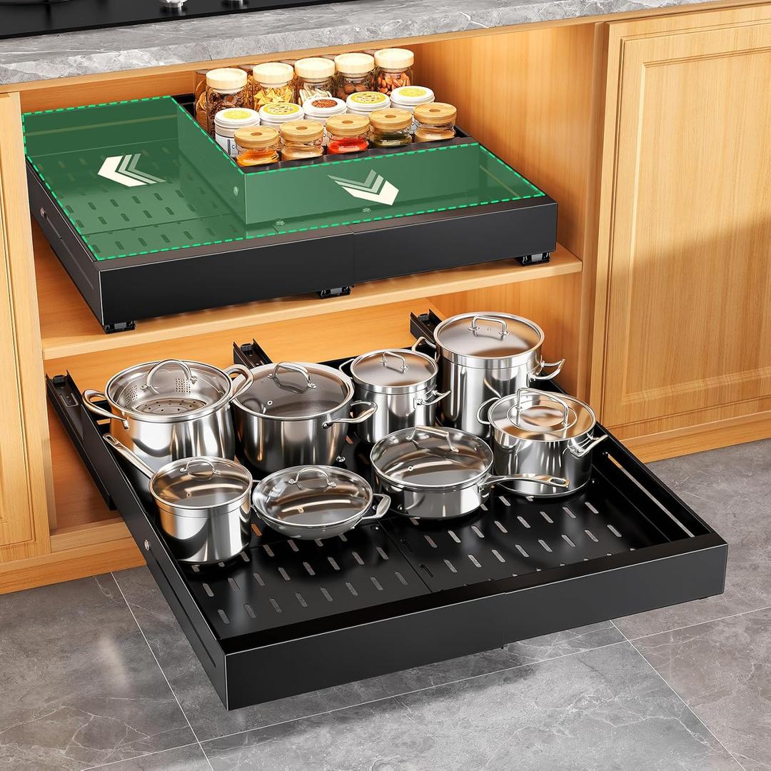 2 Pack Pull out Cabinet Organizer, Expandable Width(14"-24"), Depth(13"-24") with 3 Rails, Slide Out Drawers With Raising Pad for Framed Cabinets, with Adhesive Film for Cabinets in Kitchen, Black
