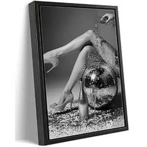 Framed Black and White Fashion Canvas Wall Art Trendy Women Disco Ball High Heels Wine Glass Picture Wall Decor Luxury Feminist Poster Print for Girl Bedroom Bar Cart Dorm Home Decoration 12x16in