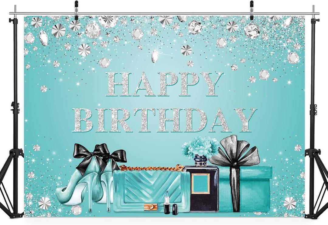 Riyidecor Teal Birthday Banner Backdrop for Women Party Decoration Girls Turquoise Silver Sparkle Diamonds Fashion Photography Background Supplies 7x5 Feet Props Photo Shoot Fabric Cloth