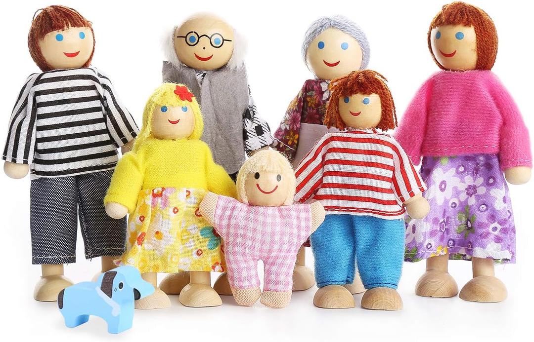 Lovely Happy Family Dolls Playset Wooden Figures Set of 7 People with Dog for Kids Children Toddlers Dollhouse Pretend Gift