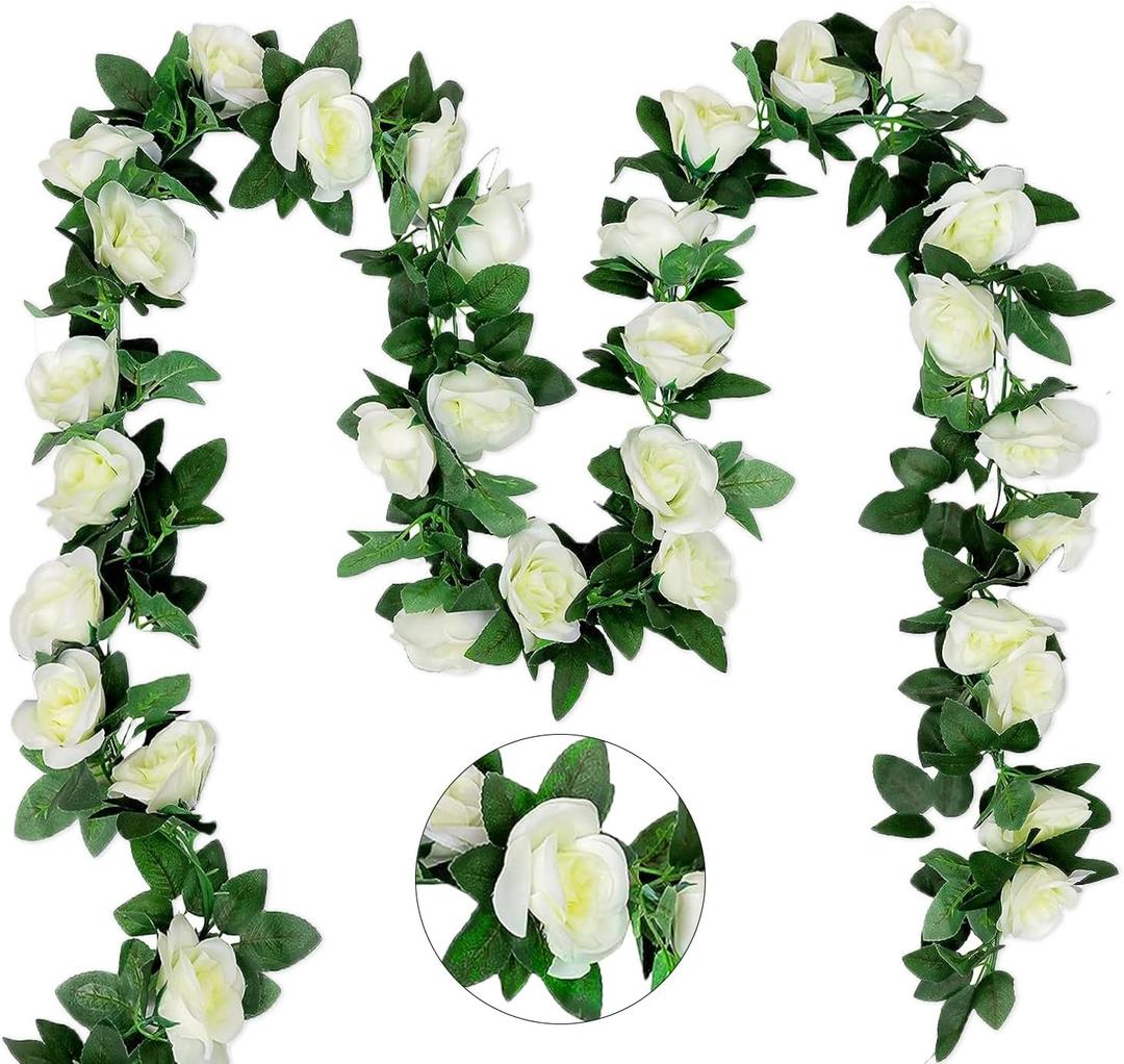 10PCS Fake Rose Garland, 7.5Ft Artificial Vines Flowers Hanging Rose Vine for Table Wedding Backdrop Arch Wall Party Mantle Festival Decor (Light White)