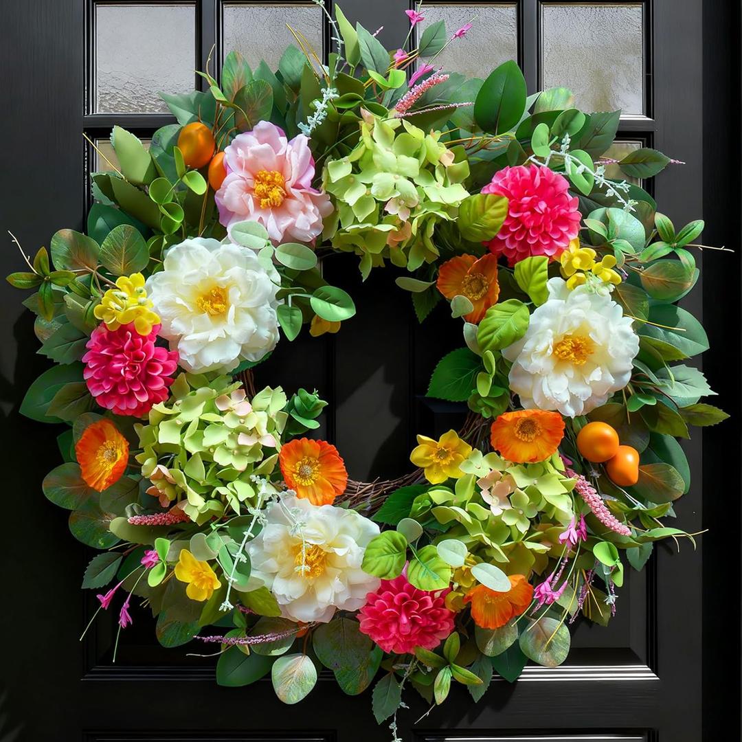 24 Inch Spring Wreaths for Front Door- Outdoor Spring Summer Flower Wreath with Vibrant Peony Hydrangea Flower, Green Eucalyptus Leaves and Orange Berry- Ideal for Porch,Mantel,Home Wall
