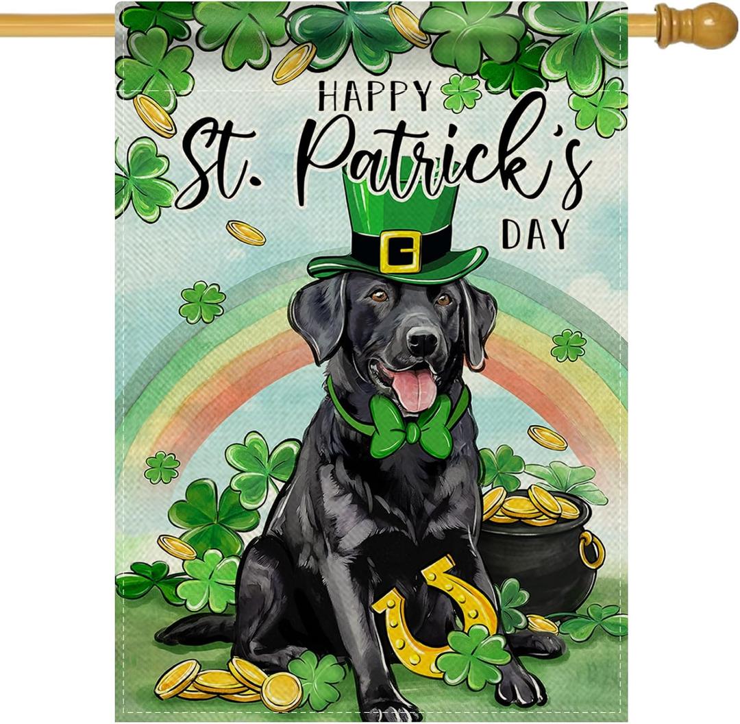 Happy St Patricks Day Black Labrador Dog Decorative House Flag, Pet Lucky Shamrock Clover Garden Yard Outside Decorations, Irish Spring Burlap Outdoor Large Home Decor Double Sided 28 x 40