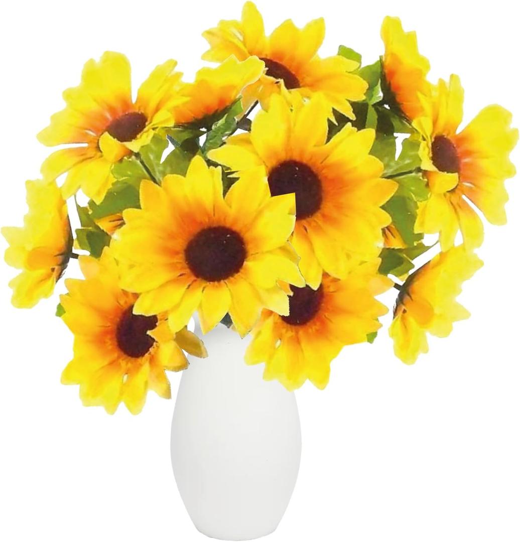 2 x Sunflower Bouquets, 2 Bunches Artificial Sunflowers for Decoration, Yellow Silk Faux Flowers with 7 Heads Each, Realistic Sunflower Decor for Home, Wedding, Christmas Party Arrangements
