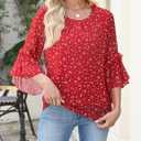 CiCiBird Women Chiffon Floral Blouse 3/4 Ruffle Sleeve Crew Neck Pleated Front Tops Dressy Casual Shirts (Red, M)