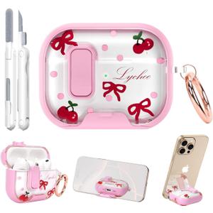 For AirPods Pro 3 Case 2025 3rd Generation with Cleaner Kit,Cute Pink Protective Cover with Lock/Stand Compatible with Apple New Air Podspro3,Bows Cherry Clear Headphone Case with Keychain Accessories