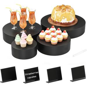 Round Metal Buffet Risers,4PCS Food Risers for Buffet Table 6in to 12in with Mini Acrylic Signs for Catering Dessert Collectibles Jewelry Figures Show Matte Black Cube Boxes Nesting Risers with Hollow Bottoms