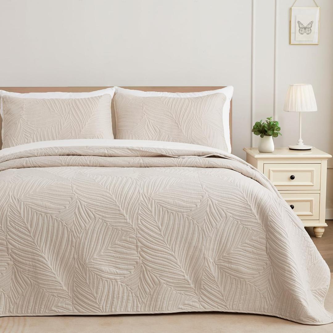 Exclusivo Mezcla Queen Quilt Bedding Set, Lightweight Brich Beige Quilts Queen Full Size for All Seasons, Soft Microfiber Bedspreads Coverlets Bed Cover with Leaf Pattern, 3 Piece (Queen (90''X96''))