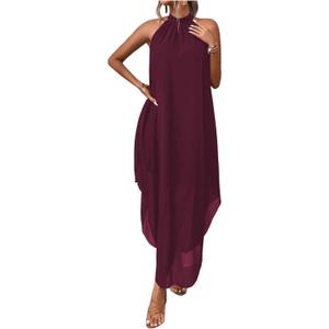 Verdusa Women's Wedding Guest Dress Halter Flowy Chiffon Asymmetrical Long Summer Prom Dress Rust Brown X-Large