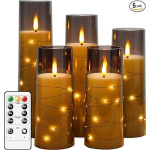 Flameless LED Candles with Timer 5 Pc Flickering Flameless Candles for Romantic Ambiance and Home Decoration Stable Acrylic Shell,with Embedded Star String，Battery Operated Candles