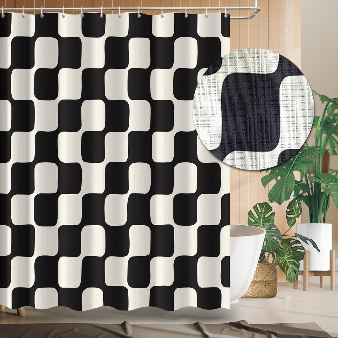 Tititex Retro Checkerboard Grid Pattern 140gsm Faux Linen Fabric Shower Curtain, Beige Black Classical Groovy Wavy Checkered Shower Curtain Sets Decoration 72x72 Inch with Hooks
