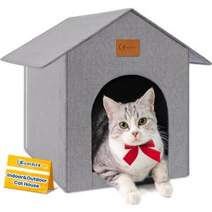 Outdoor Cat House, Cat Shelter Feral Pet Outside Waterproof Cat House for Outdoor/Indoor Cats, Insulated Cat Bed for All Seasons with Cozy Cushion, Easy to Assemble, Grey