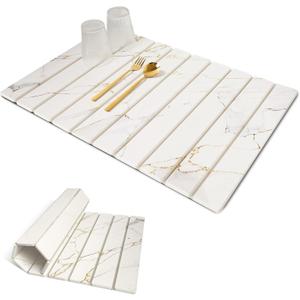 Sofort Stone Drying Mat for Kitchen Counter, Super Absorbent Foldable Dish Drying Mat, Gold White Marble Quick Drying Diatomaceous Earth Mats for Dishes, Pots, Utensils Large 24"16"