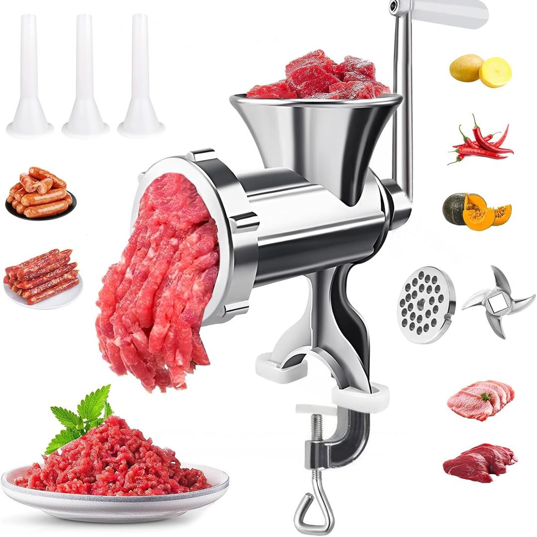 3 In1 Meat Grinder Manual Mincer - Manual Meat Grinder Sausage Maker Meat Grinders For Home Use Fast And Effortless For All Meats (Silver) (#10)