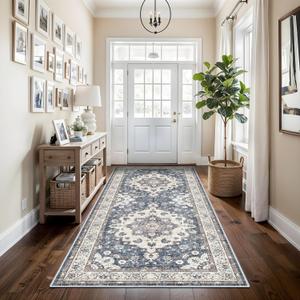 Washable Hallway 4x8 Runner Rug - Vintage Soft Runners for Kitchen Wide Non Slip Low Pile Carpet for Living Room Bedroom Ultra-Thin Stain Resistant Carpets for Bathroom Entry Dining Room 4x8 Blue