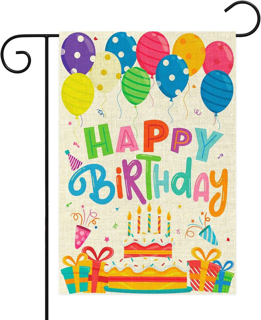 WATINC Happy Birthday Garden Flag Burlap Yard Signs Vertical Double Sided Readable Birthday Cake Banner House Flags Poster Party Decorations Supplies for Indoor Outdoor Lawn 12.4 x 18.2 Inch(Beige) (Multicolor)