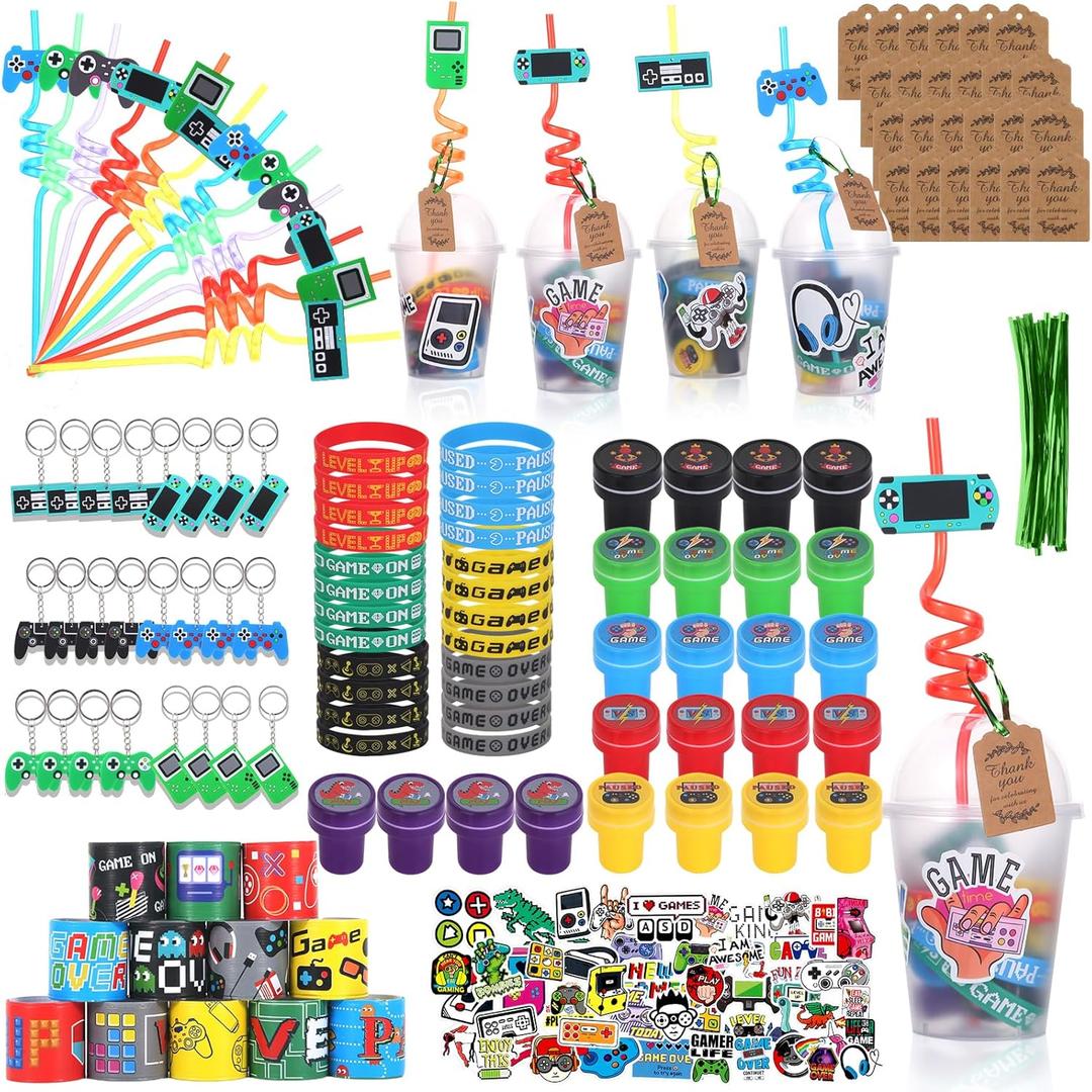 LiYiQ 292 Pcs Video Game Party Favors With Reusable Drinking Straws Cups Slap Bracelets Keychains Gift Tags Stamps Stickers and Twist Ties for Gamer Birthday Party Supplies