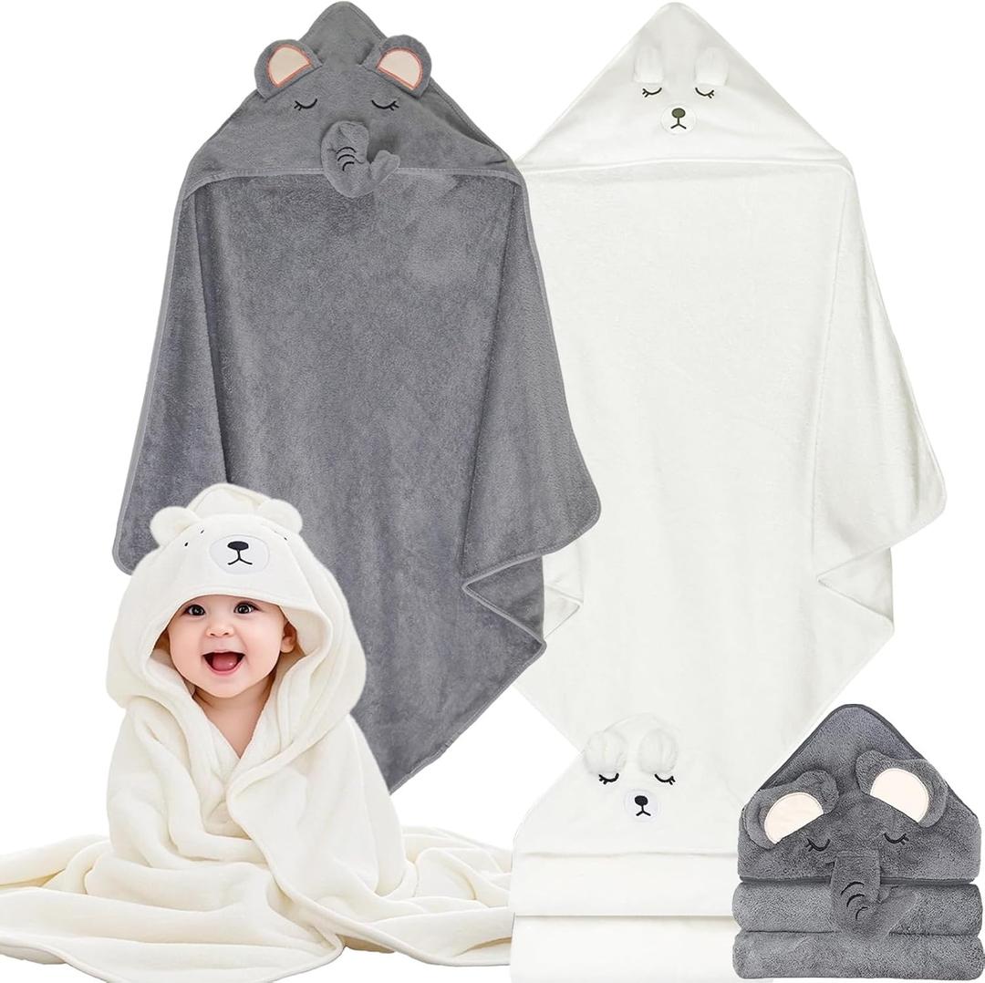 Baby Bath Towels Hooded 2-Pack Absorbent Soft Baby Towel Set Thick Toddler Towels with Hood for Toddlers,Infants and Newborn (White & Gray)