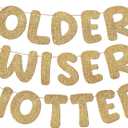 Fulmoon Set of 3 Pre Strung Older Wiser Hotter Glitter Banner Funny Birthday Banner for Women 30th 40th 50th 60th 70th 80th Birthday Party Decorations Sign Gift(Champaign Gold)