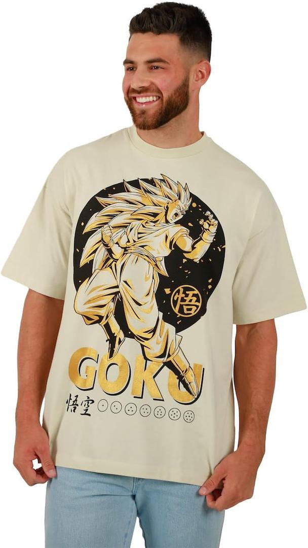 Dragon Ball Z Metallic Print Goku Crew Neck Short Sleeve Oversized Drop Shoulder Natural Men's T-Shirt
