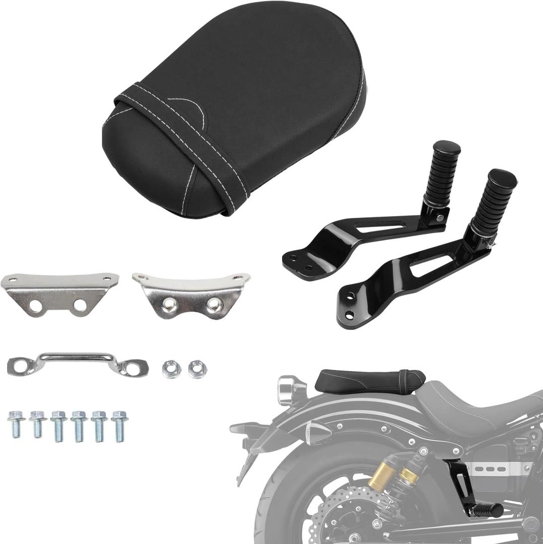 AUFER Motorcycle Rear Pillion Passenger Seat Cushion Pad with Foot Peg Mounts Compatible With For Yamaha Bolt XV950 XVS950 R-Spec 2014-2023 1TP-F47E0-T0-00