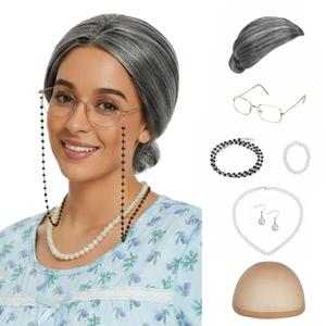 Old Lady Wig Costume for Women, 100 Days Gray Grandma Wg for Women, Granny Costume for Halloween Cosplay (7 Pieces)