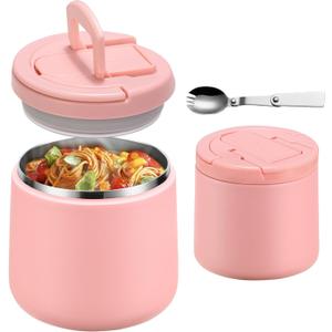 20oz Insulated Vacuum Food Jar with Buckle Lid,Soup Thermo for Hot Food Kids,Wide Mouth Leakproof Stainless Steel Lunch Container with Spoon-Pink