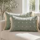 Dorii Green Woven Lumbar Pillow Cover 14x20 Inch, Cotton Decorative Throw Pillow Cover with Fringe Detail, Rectangular Accent Cushion Cover, Hidden Zipper for Sofa, Bed & Living Room