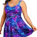 Tempt Me Women's Plus Size Swim Dress - One Piece Swimsuits Tummy Control Bathing Suit Swimwear 2025 (Blue Purple Leaves) 18W