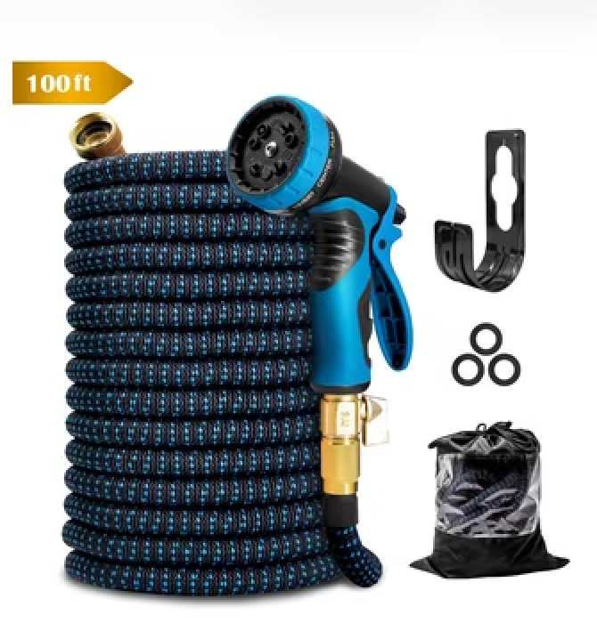 100 ft Expandable Garden Hose with 10 Spray Nozzle - Heavy Duty Superior Strength 3750D - 4 -Layer Latex Core - Expanding Water hoses - Extra Strong Brass Connectors/Storage Bag