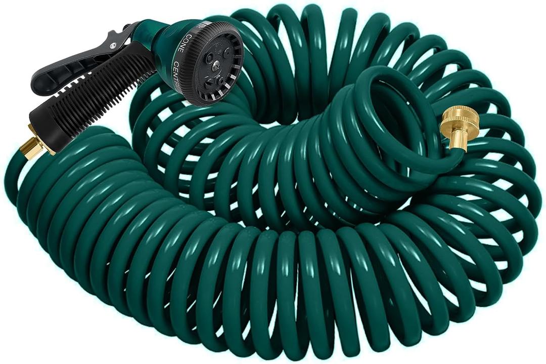 Coil Hose 25FT EVA Coil Garden Hose With 3/4'' Brass Connector Coiled Water Hose Lightweight And No Kink Includes 7 Patterns Spray Nozzle For Outdoors Lawn Watering Car Washing (Green)