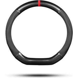 Ergocar Car Steering Wheel Cover Non-Slip Car Steering Wheel Protector Sport D-Shape Carbon Fiber & PU Leather Universal for Diameter 38cm(15") (Black-Stripe-U)