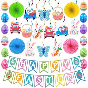 2 x 32Pcs Easter Decorations Easter Decor Happy Easter Banner Egg Bunny Garland Hanging Swirl for Home Office School Classroom Themed Party Decorations