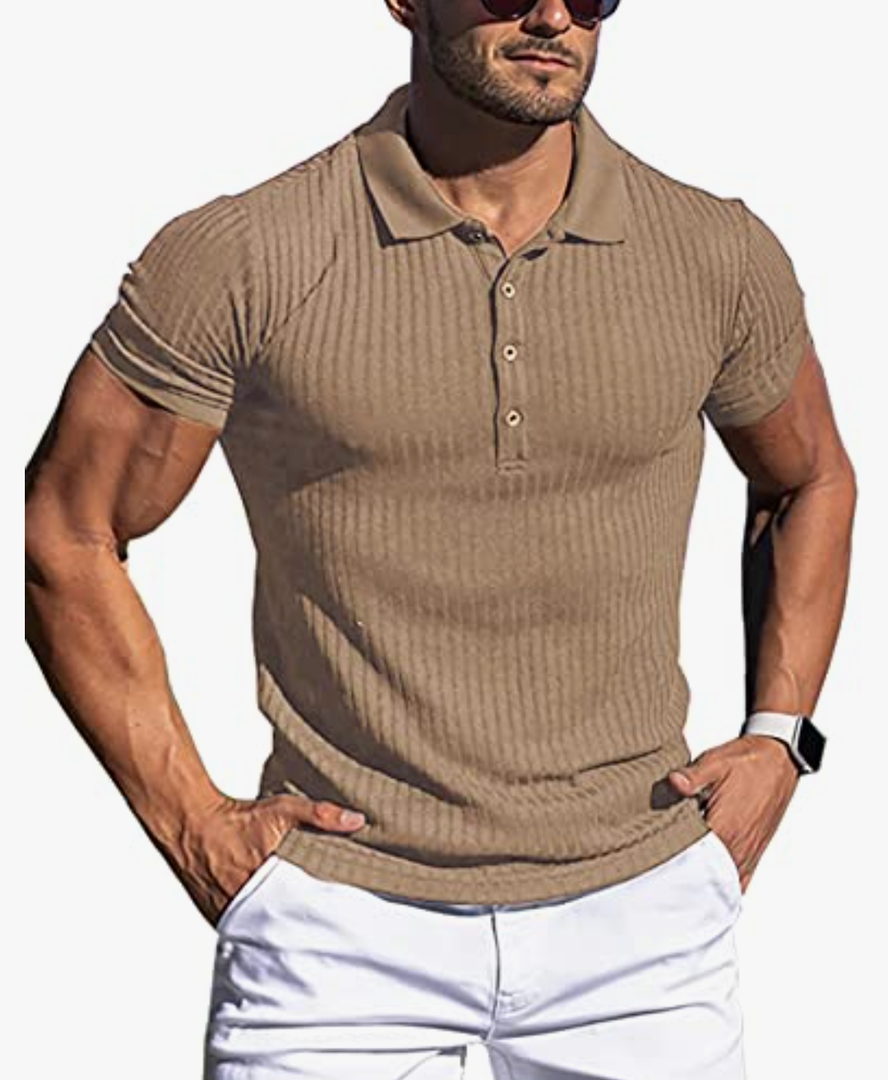 AstoSeu Men's Polo Shirts Short Sleeve Stretch Workout Tee Casual Slim Fit Muscle T Shirt Khaki, 3XL