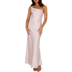 2025 Satin One Shoulder Maxi Dress for Women Summer Silk Formal Elegant Backless Ruffle Sleeveless Wedding Guest Dresses (Small, Pink)