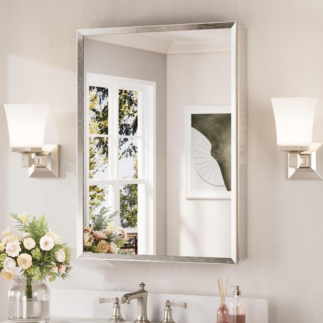 Keonjinn Brushed Nickel Medicine Cabinet Mirror 24" x 32", Assembly Needed, Recessed Medicine Cabinet with Mirror for Bathroom, Beveled Framed, Surface Wall-Mounted or Recessed, Tempered Glass