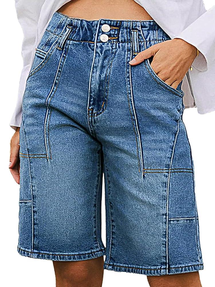 Flamingals Women's Bermuda Denim Shorts High Waisted Straight Leg Summer Trendy Jean Shorts Large