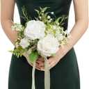 Ling's moment Lily White Artificial Wedding Flower Bouquets for Bridesmaids Floral Bouquet 7 Inch Bridesmaid Bouquets with Ribbon Ceremony Anniversary,7-inch Diameter (Wht-lily of the Valley White)