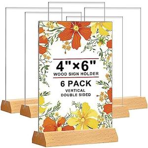 8 Pack Acrylic Sign Holder 4 x 6 - Wedding Table Number Holder with Wood Base, Double Sided Picture Frames,  Clear Table Menu Display Stand for Centerpiece,Decoration,Party,Restaurants Office Store