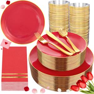 NOCCUR 350PCS Red Plastic Plates - Disposable Red Gold Dinnerware Set for 50 Guests, 100 Dinner/Dessert Plates, 150 Gold Silverware, 50 Cups&50 Napkins for Party/Wedding/Mother's Day