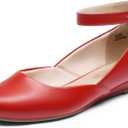 DREAM PAIRS Women's Dress Flats Ballet Low Wedge Round Toe Ankle Strap Comfortable Casual Flats Shoes (9, Red-pu)