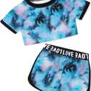 Betusline Girls Summer 2 Piece Outfits,Kids Short Sleeve Crop Top & Shorts Set with Side Pockets (Blue)
