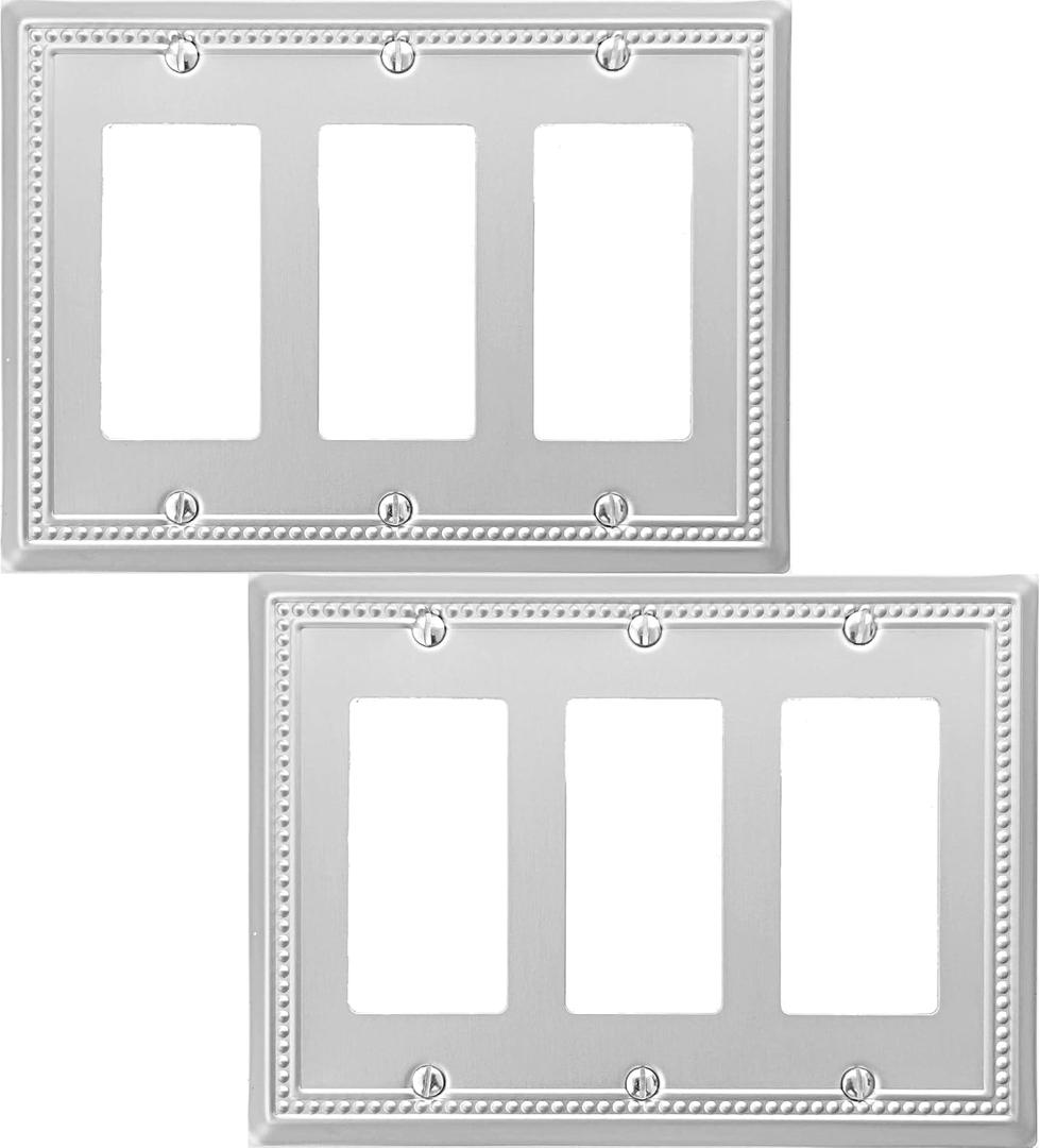 Triple Decorator Light Switch Cover Belaire Beaded Metal Wall Plate, 2-Pack Brushed Nickel 3 Gang Triple Rocker, Receptacle Dimmer Switch Cover GFCI Outlet Decorative Wallplate, Durable