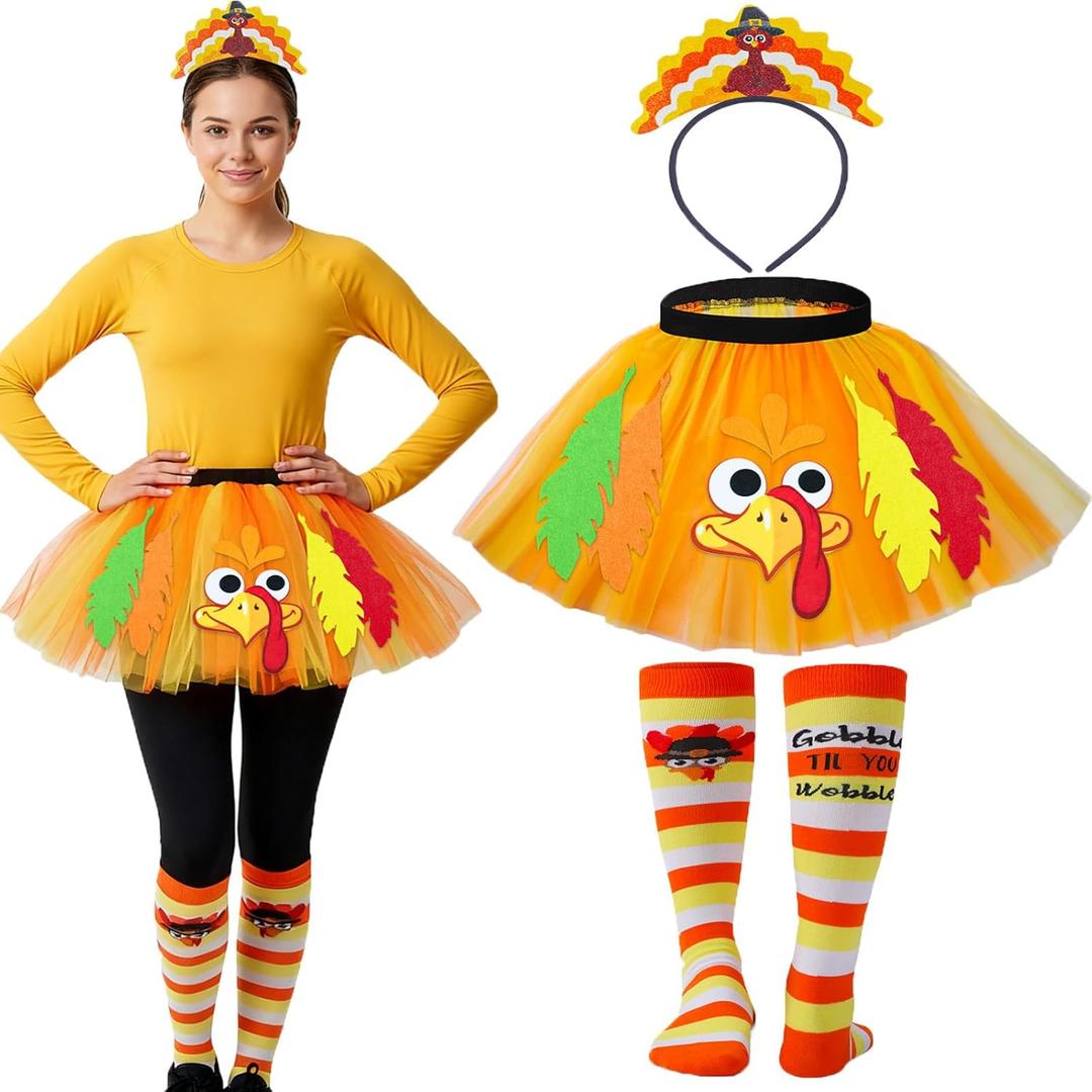 Vicenpal Thanksgiving Turkey Costumes Set for Women Thanksgiving Tutu Turkey Headband and Sock for Cosplay Party