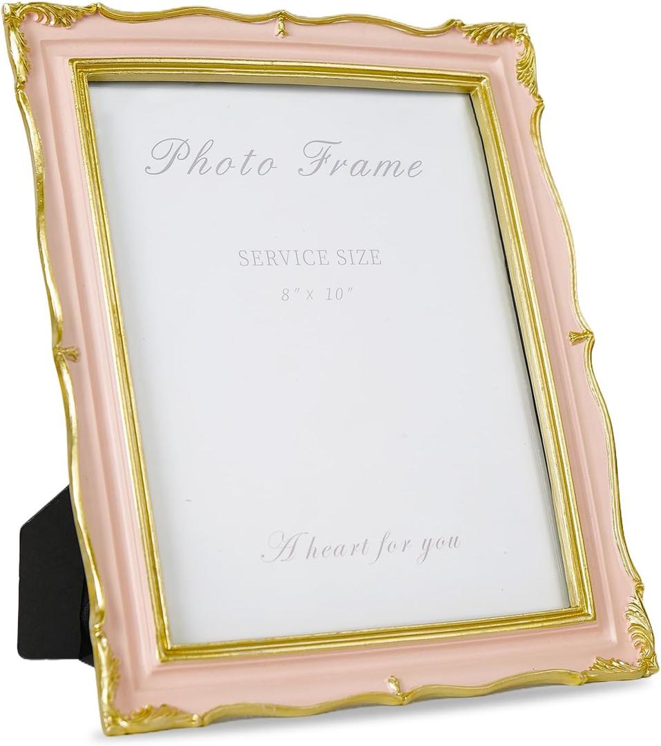 Cuspin 8x10 Vintage Picture Frame Pink and Gold Frames, Elegant Ornate Pink Picture Frame with Glass Front Handcrafted Resin Decorative Frames for Wedding, Wall Hanging & Tabletop Display
