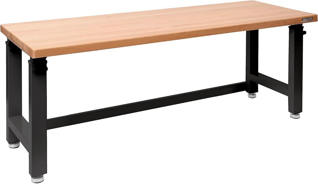 60" Adjustable Workbench, Rubber Wood Top Heavy-Duty Work Bench with Wheels, 2000 LBS Load Capacity Hardwood Worktable with Power Outlets, for